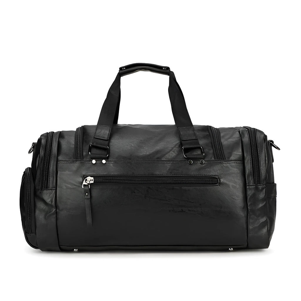 Large black PU travel bag with a dedicated shoe compartment, shown with dimensions of 52cm by 19cm by 27cm.