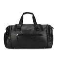 Large black PU travel bag with a dedicated shoe compartment, shown with dimensions of 52cm by 19cm by 27cm.