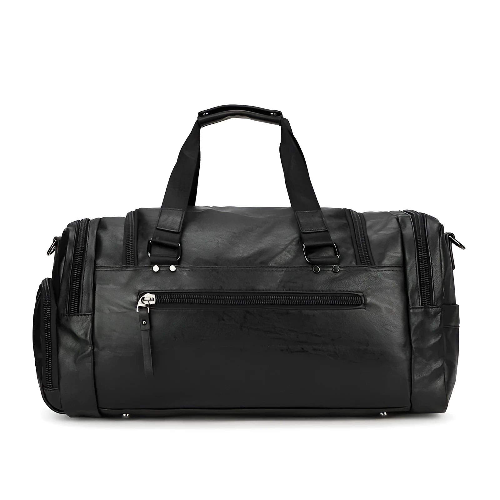 Large black PU travel bag with a dedicated shoe compartment, shown with dimensions of 52cm by 19cm by 27cm.