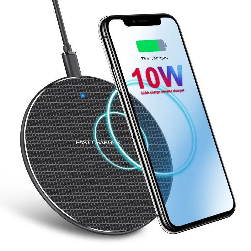 10W wireless charger pad in black, 101mm diameter, slim design for Qi phones