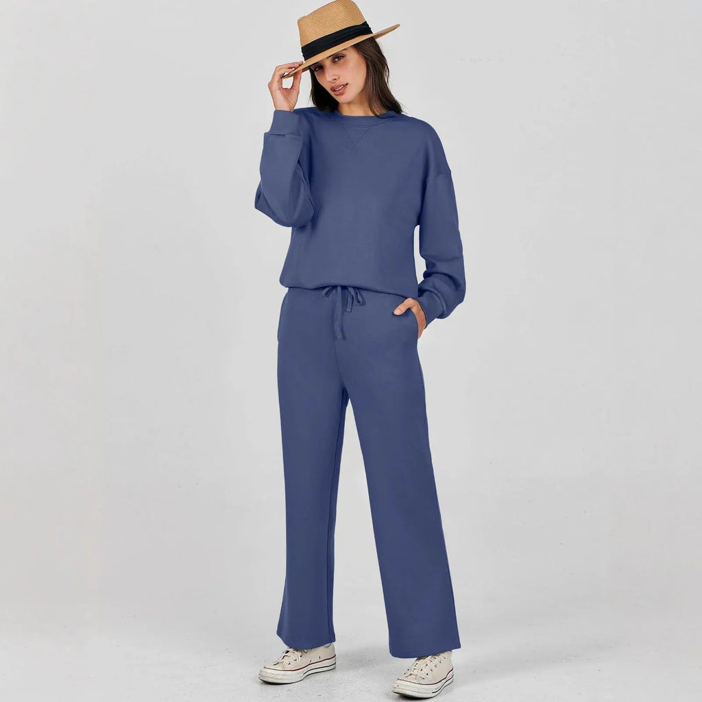 Women's colour block long sleeve sweater suit with trousers in street hipster European and American style