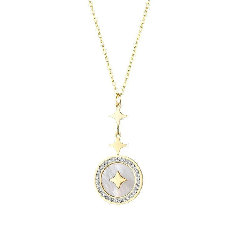 Gold titanium steel necklace with six-pointed star diamond pendant on O-ring chain