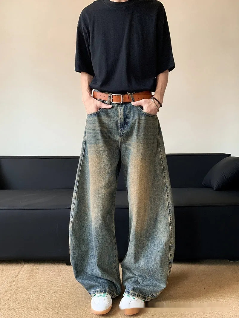 Men's retro blue distressed wide-leg jeans with slimming fit and zipper fly