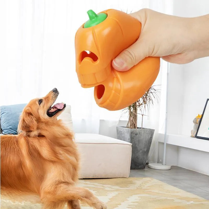 Yellow pumpkin-shaped TPR dog chew toy for aggressive chewers.