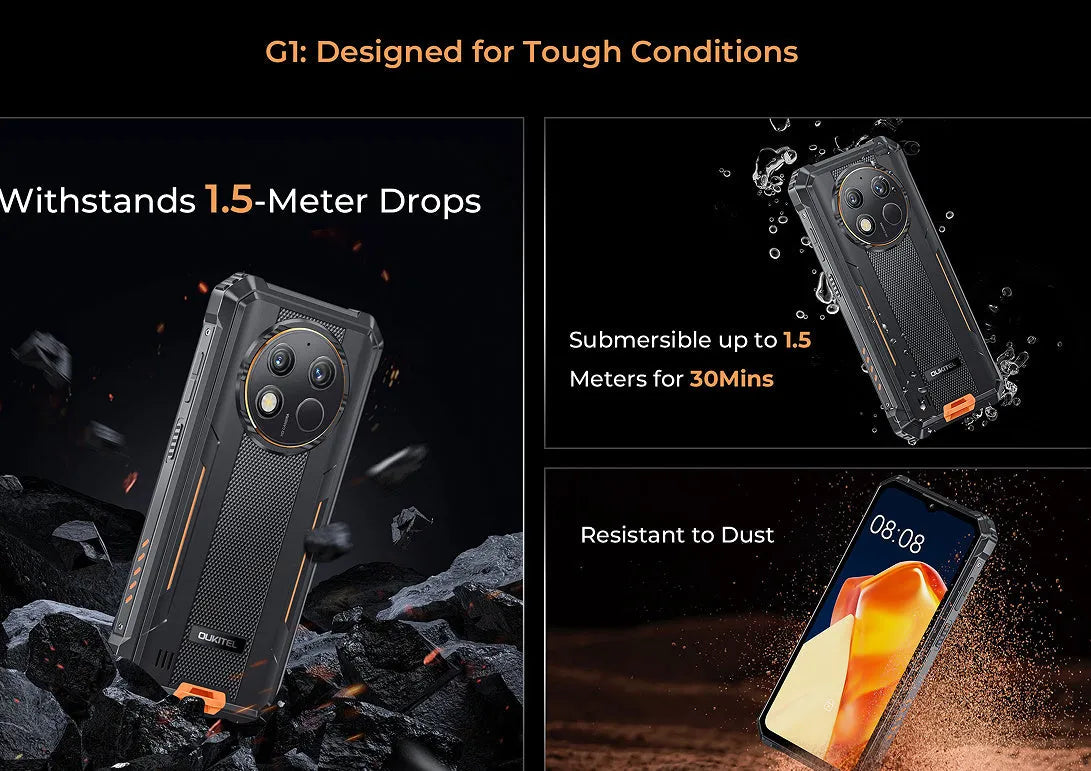OUKITEL G1 mobile phone in choice of grey, green, or orange colour with charger and manual.