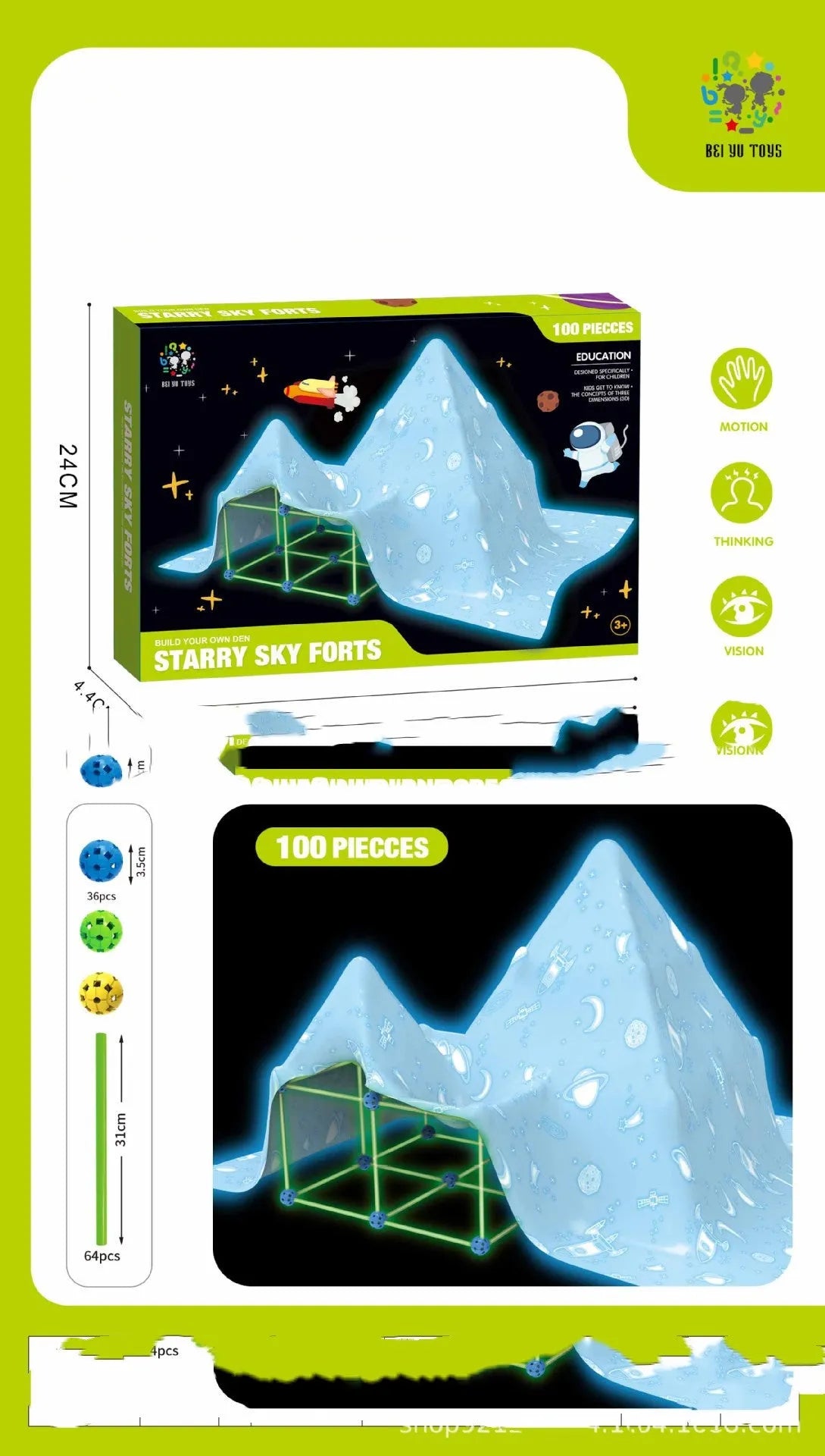 Luminous plastic fort building kit for kids with connecting sticks, balls, and storage bag.