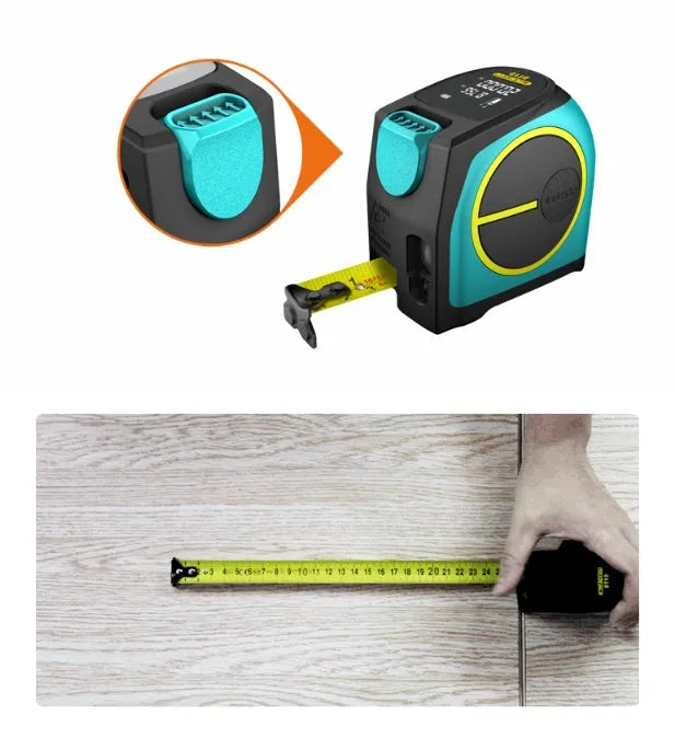 2-in-1 laser tape measure tool with 5m nylon coated blade and magnetic hook on a metal surface