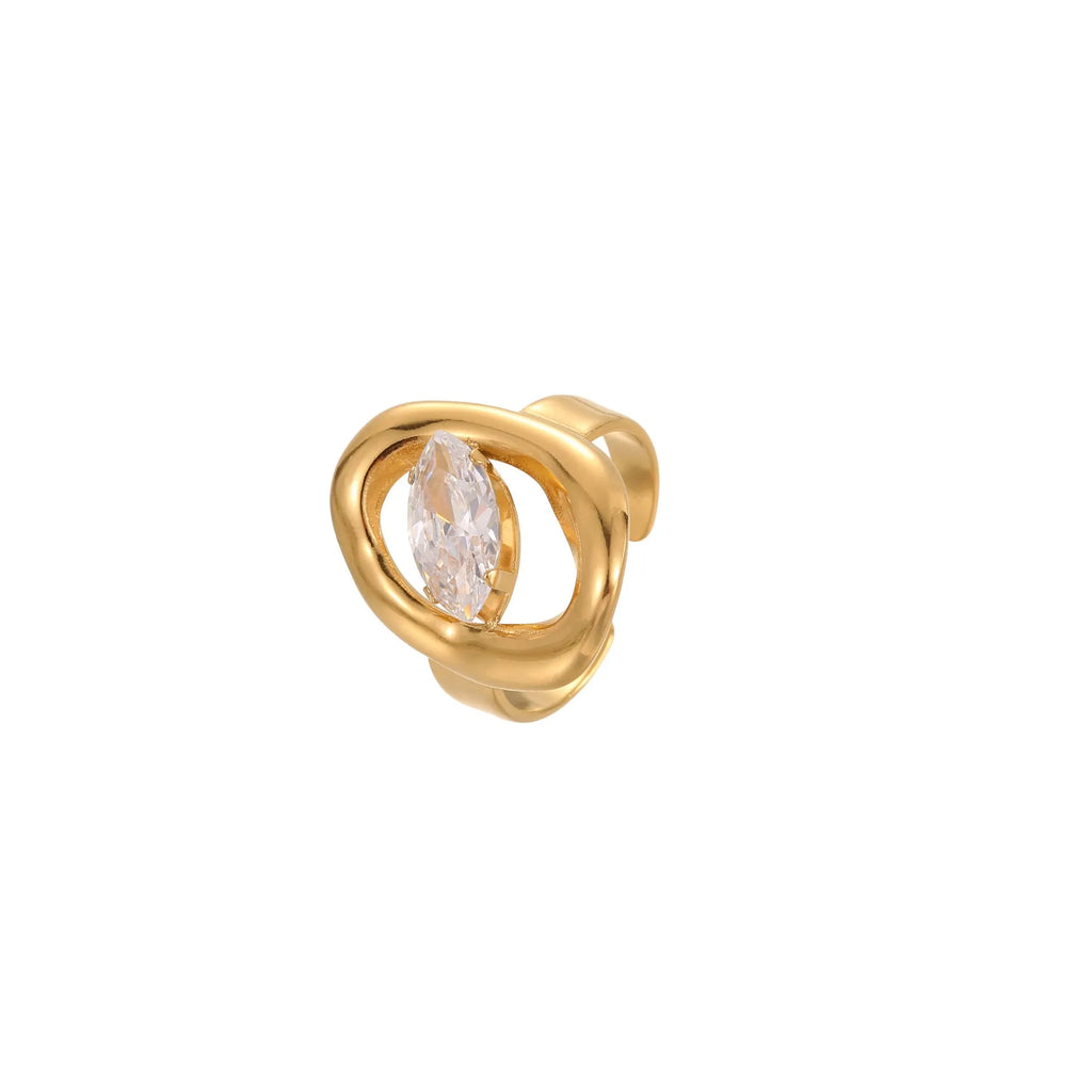 Geometric open mouth zircon ring in stainless steel with electroplated colour finish.