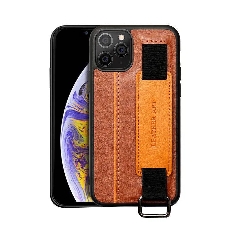 Leather wristband phone case in brown with wallet style and bracket strap for iPhone