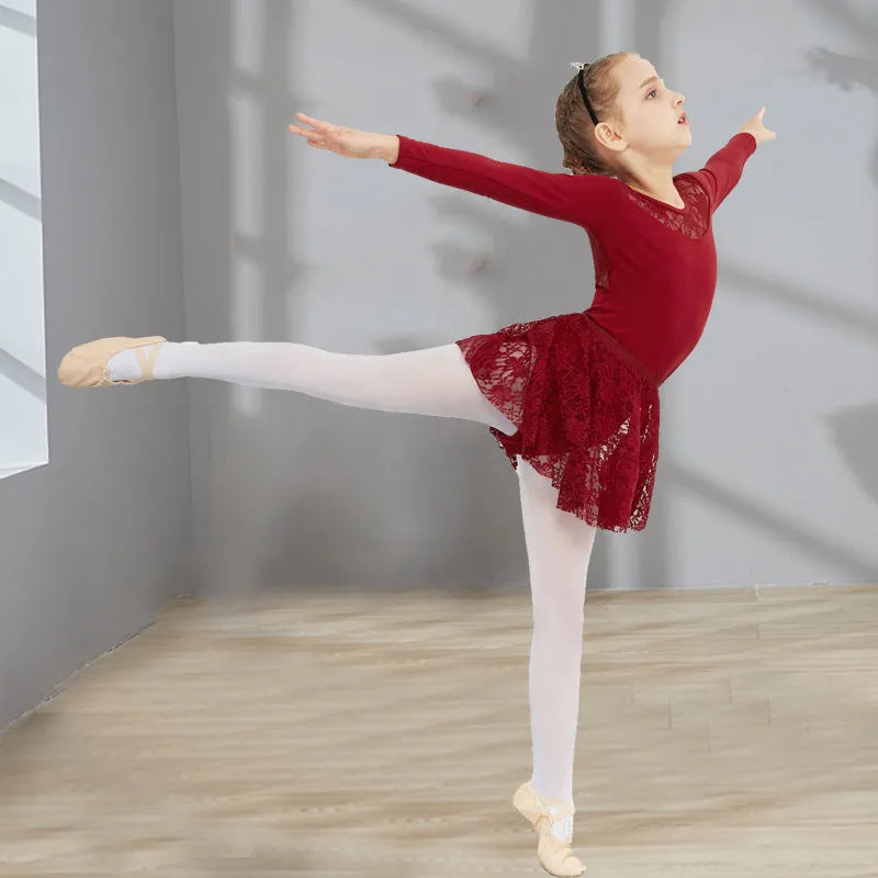 Girls ballet dancewear short sleeve Lycra cotton practice outfit with lace mesh in black pink or wine red