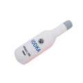 Plush wine bottle dog toy in various colours including red green and orange designs