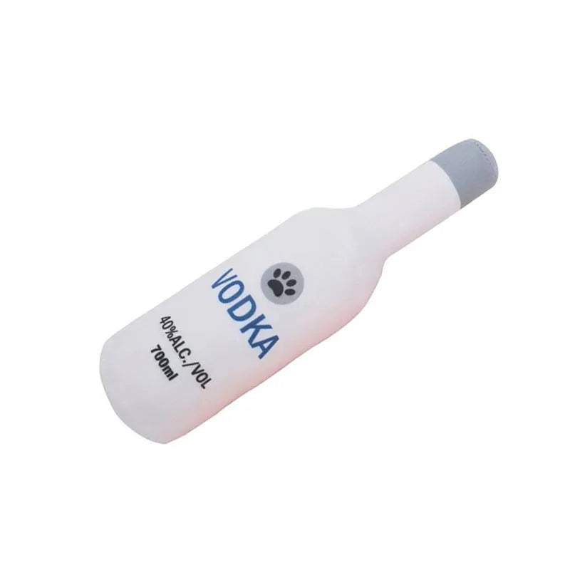 Plush wine bottle dog toy in various colours including red green and orange designs