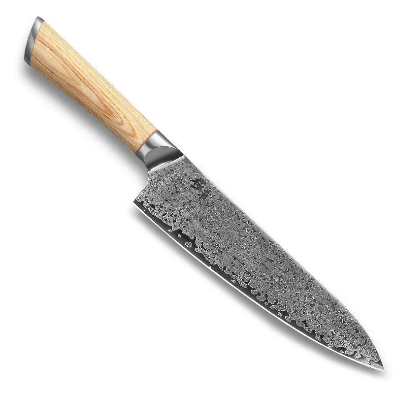 Damascus pattern kitchen knife set with V gold steel core showing 67-layer folded construction