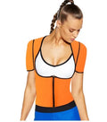 Women's sports shapewear body corset in blue and black colour, neoprene and nylon fabric, fitness body shaper with waist support