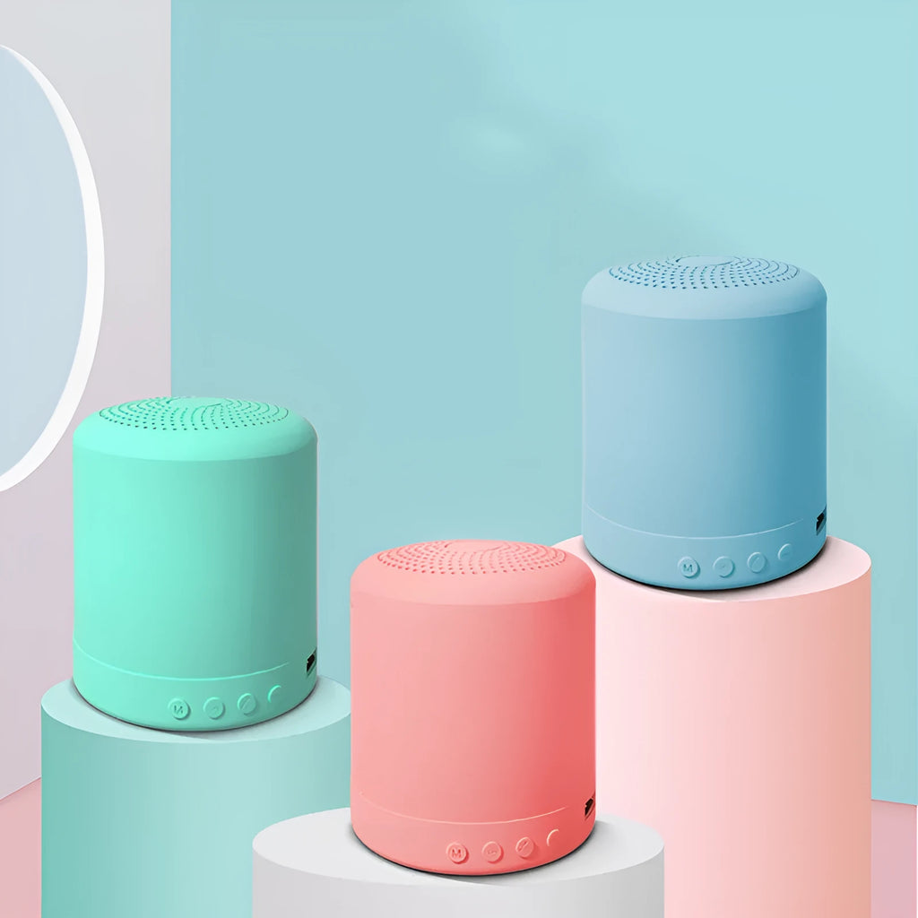 A11 wireless subwoofer speaker in black, pink, blue or green colour options showing compact design
