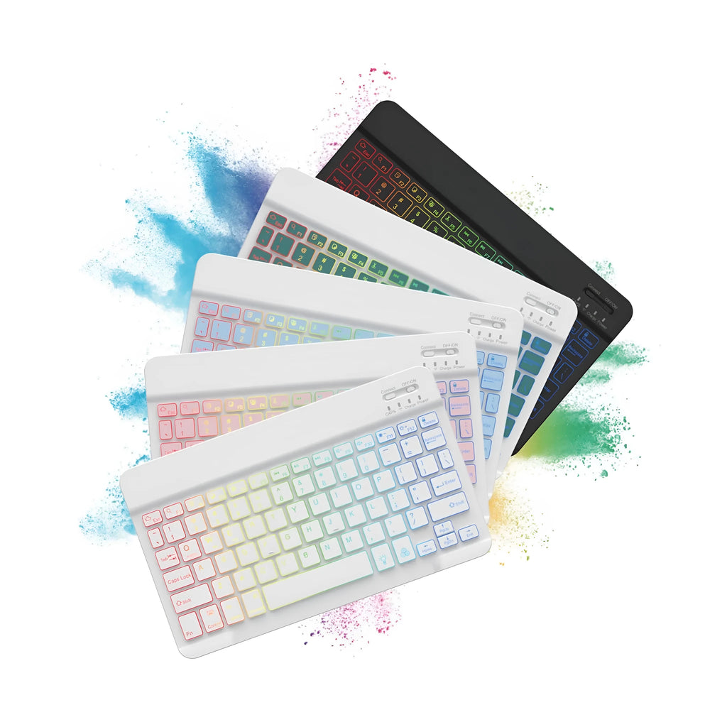 10-inch wireless Bluetooth keyboard with colourful backlit keys on a desk next to a tablet.