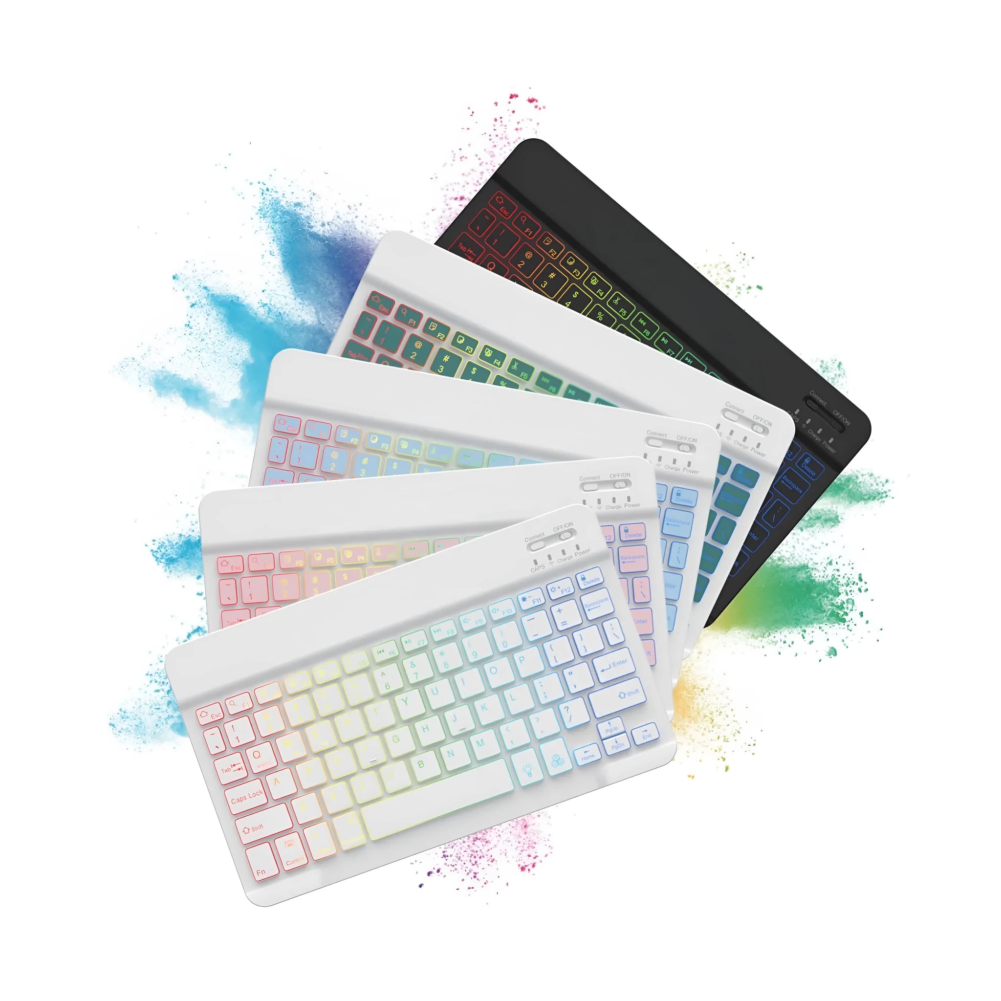 10-inch wireless Bluetooth keyboard with colourful backlit keys on a desk next to a tablet.