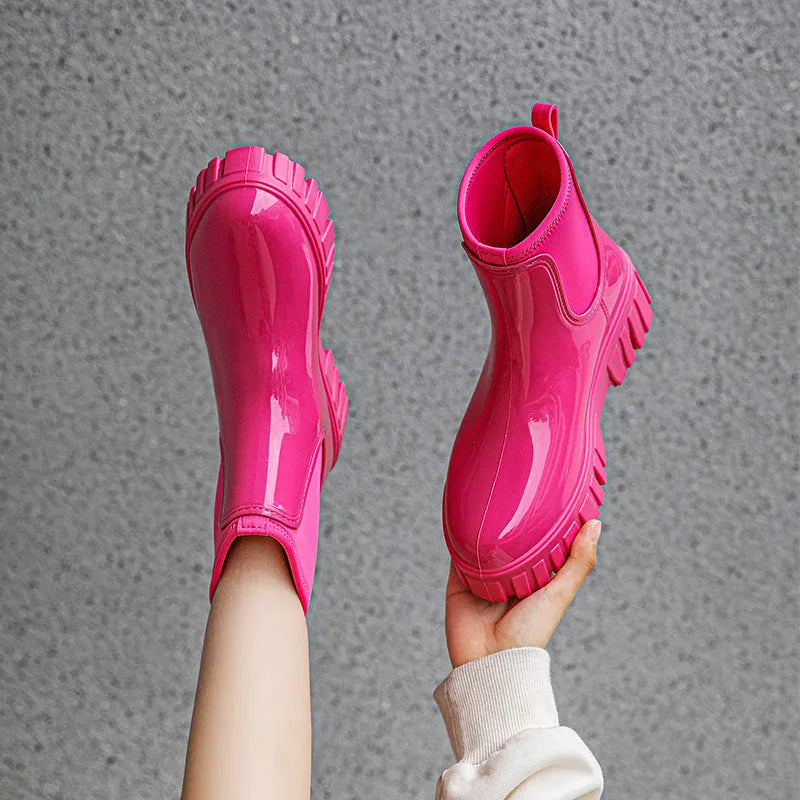 Women's low tube waterproof rain boot in apricot colour with flat heel and non-slip sole