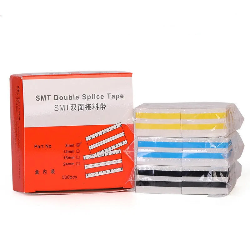 SMT double-sided splicing tape rolls in yellow, black, blue showing 8mm, 12mm, 16mm, 24mm widths