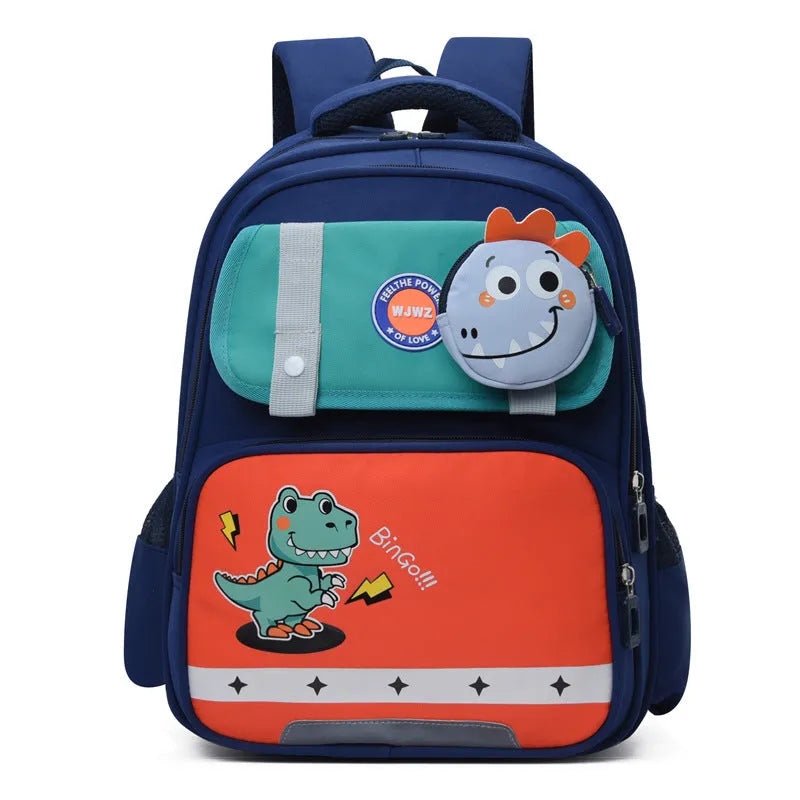 Dinosaur print lightweight nylon schoolbag for grade 1-2 with spine protection and air pillow belt, available in multiple colours