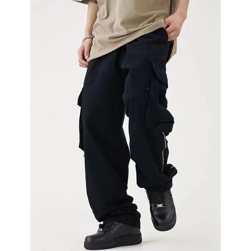 Men's cotton cargo pants in Black with multiple pockets and straight-leg design