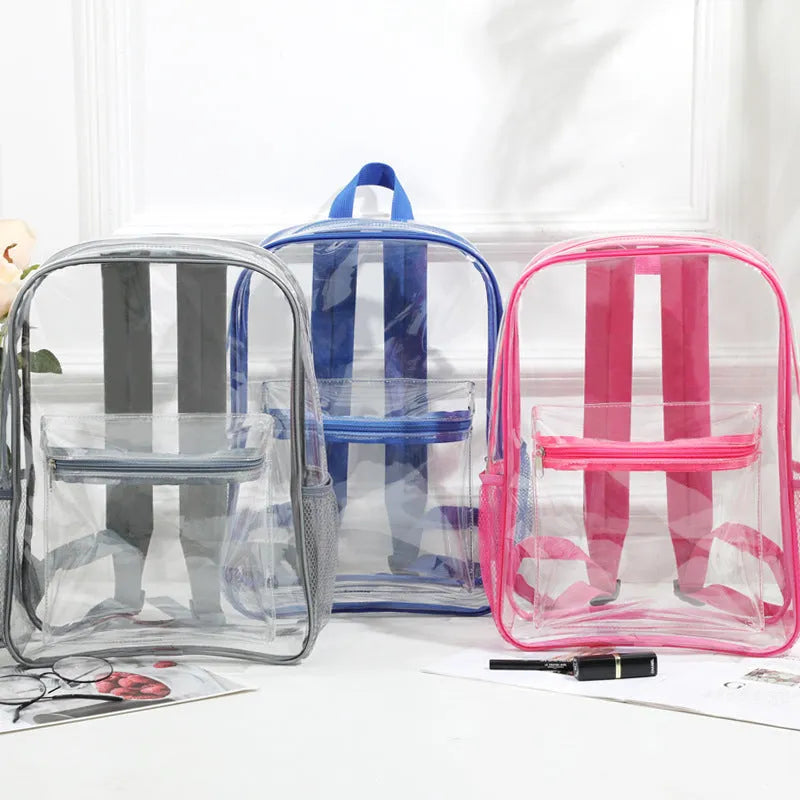 Transparent PVC travel backpack showing contents through clear material in choice of colours