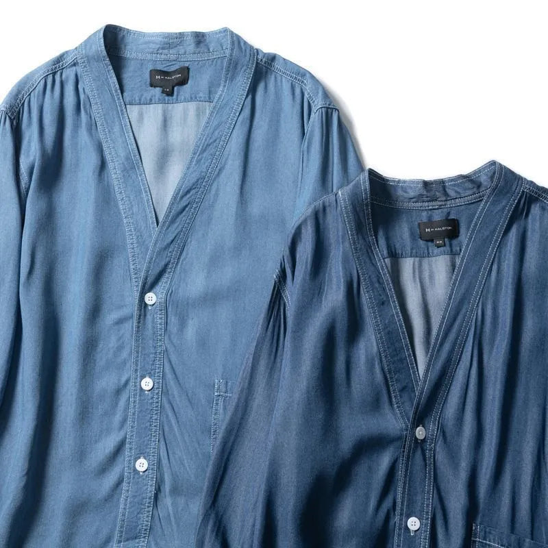 Men's dark blue casual denim coat with three-quarter sleeves and a V-neck collar.