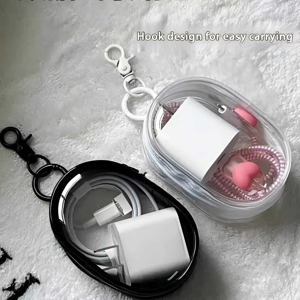 Transparent PVC data cable storage bag for digital chargers, black version with thick hook
