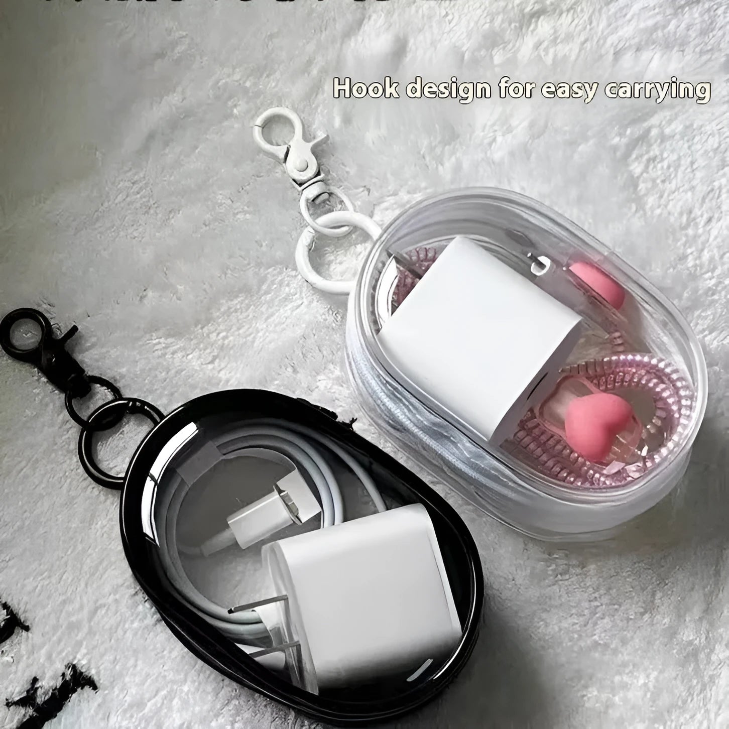 Transparent PVC data cable storage bag for digital chargers, black version with thick hook