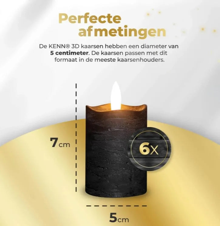 Black LED pillar candle with a flickering flame effect, measuring D5X H7CM.
