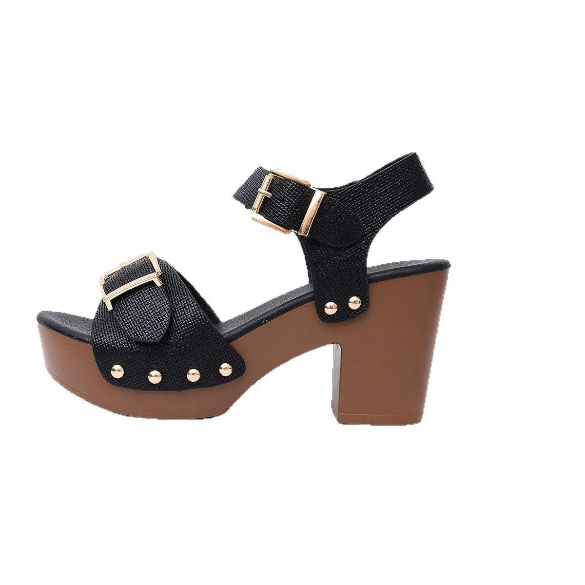 Plus size thick high heel sandals with buckle rivet closure and fish mouth toe bracket