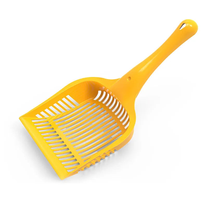 Red, yellow, and blue plastic cat litter scoops in small and medium sizes for pet waste cleaning.