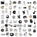 61 black and white waterproof PVC stickers for laptops, phones, and luggage decor.