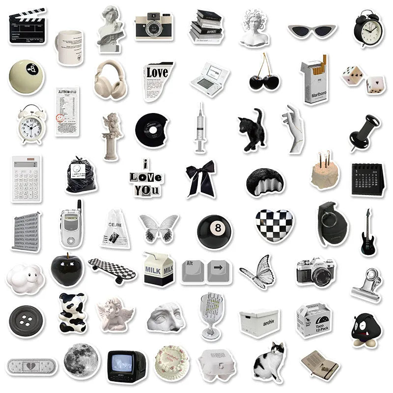 61 black and white waterproof PVC stickers for laptops, phones, and luggage decor.