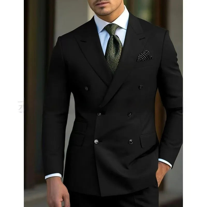 Men's light business style two-piece suit in a cotton blend fabric, shown in navy blue