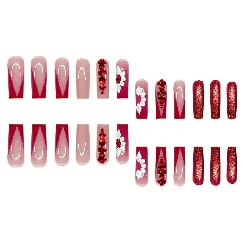 Sweet floral pattern fake nails with red diamond accents in European square long shape