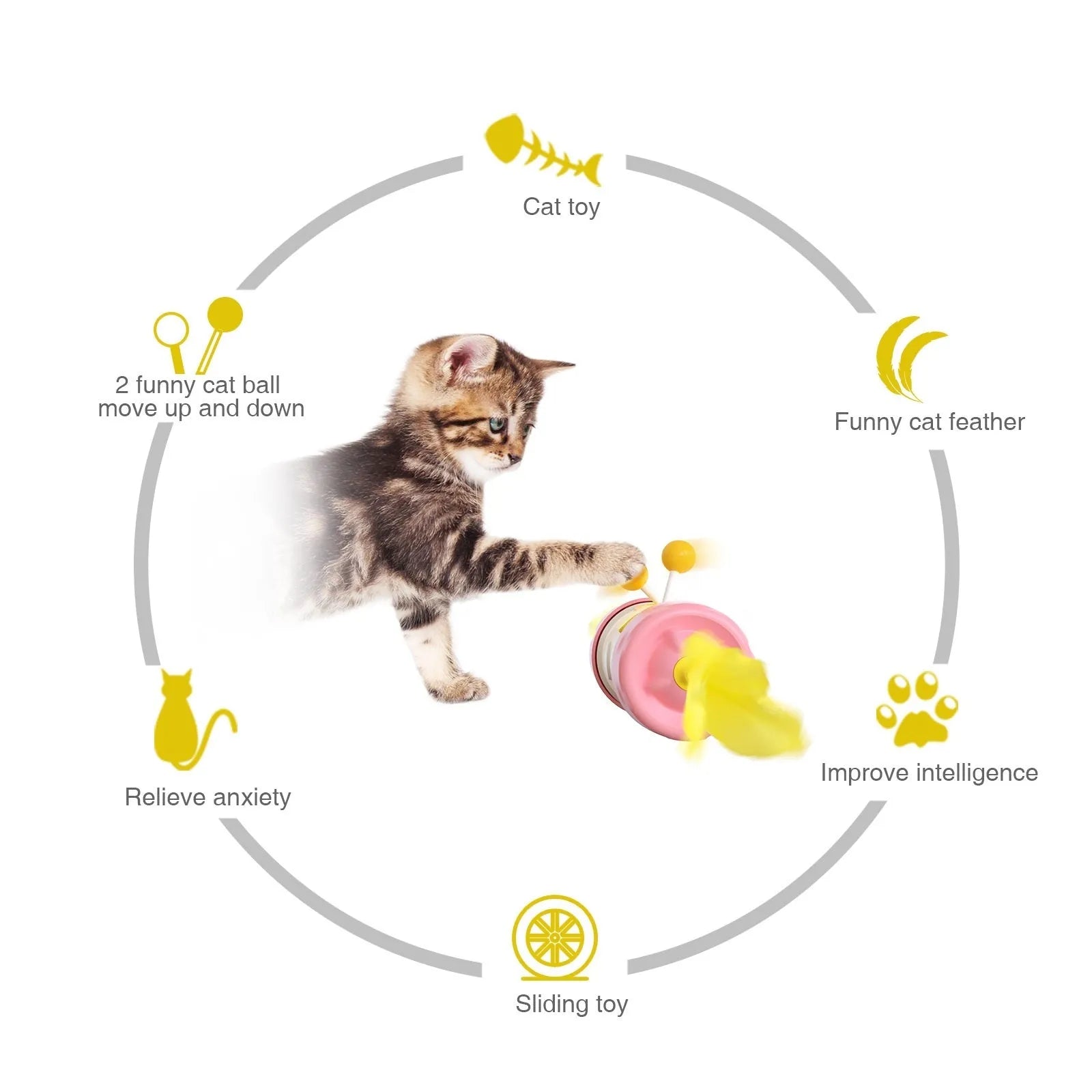 Adjustable cat fishing pole toy with colourful feathers and rolling tumble ball for interactive play