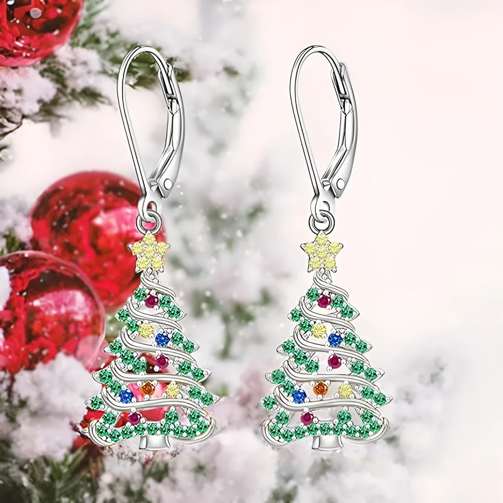 White gold colour Christmas tree earrings with star-shaped copper design for women
