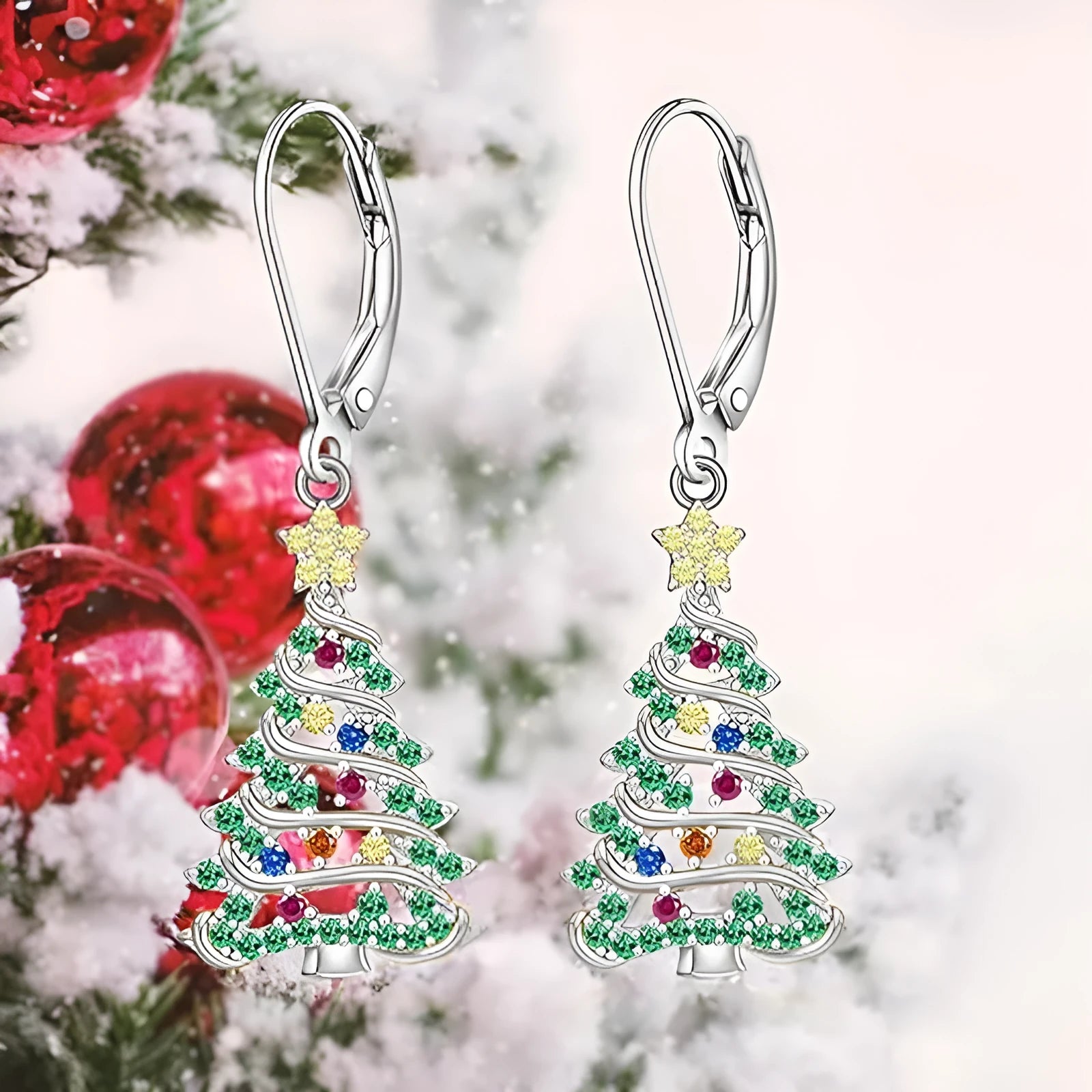White gold colour Christmas tree earrings with star-shaped copper design for women