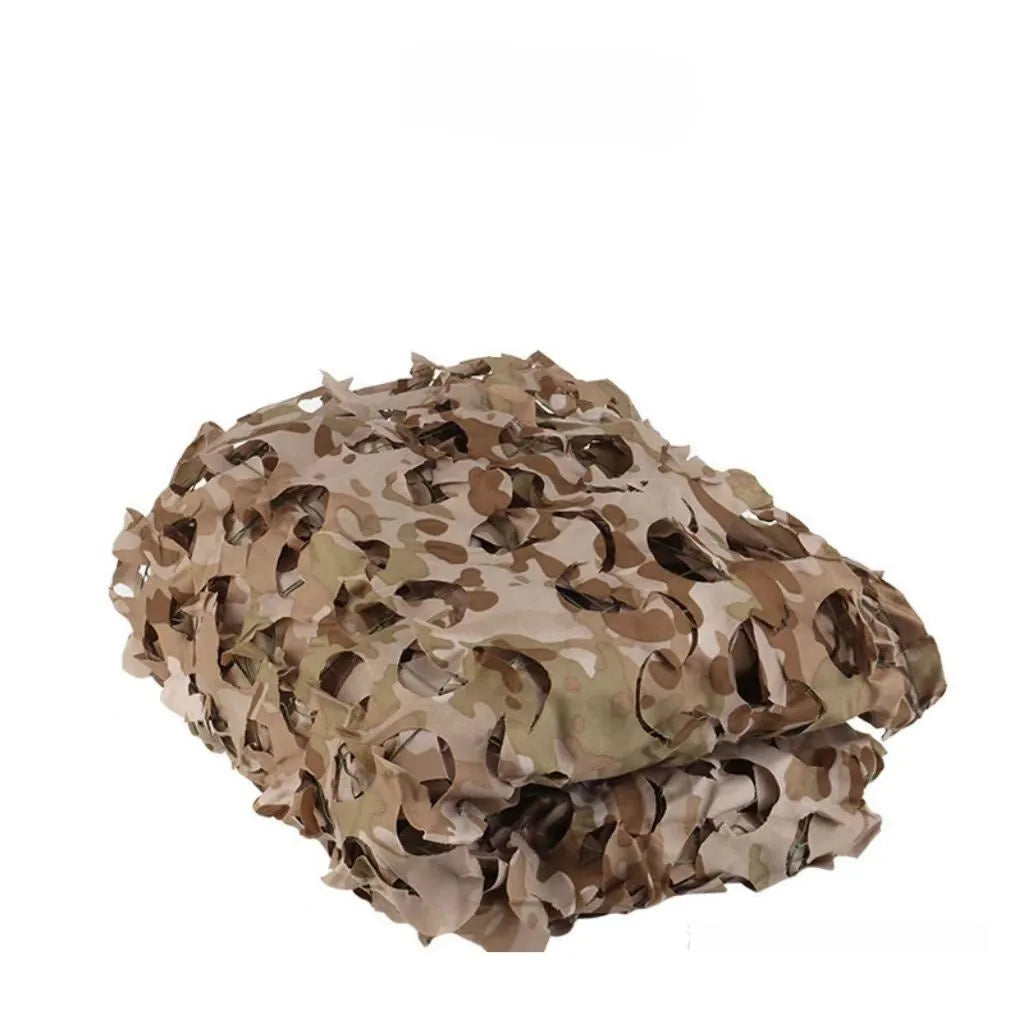 Green camouflage netting set unfolded, showing a mottled pattern, for camp sunshade and tactical cover.