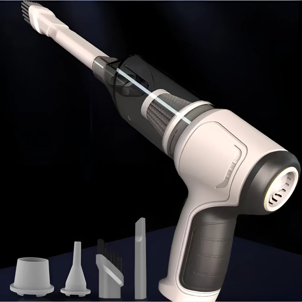 Wireless car vacuum cleaner in gold or silver colour with USB charging port and transparent dust bucket