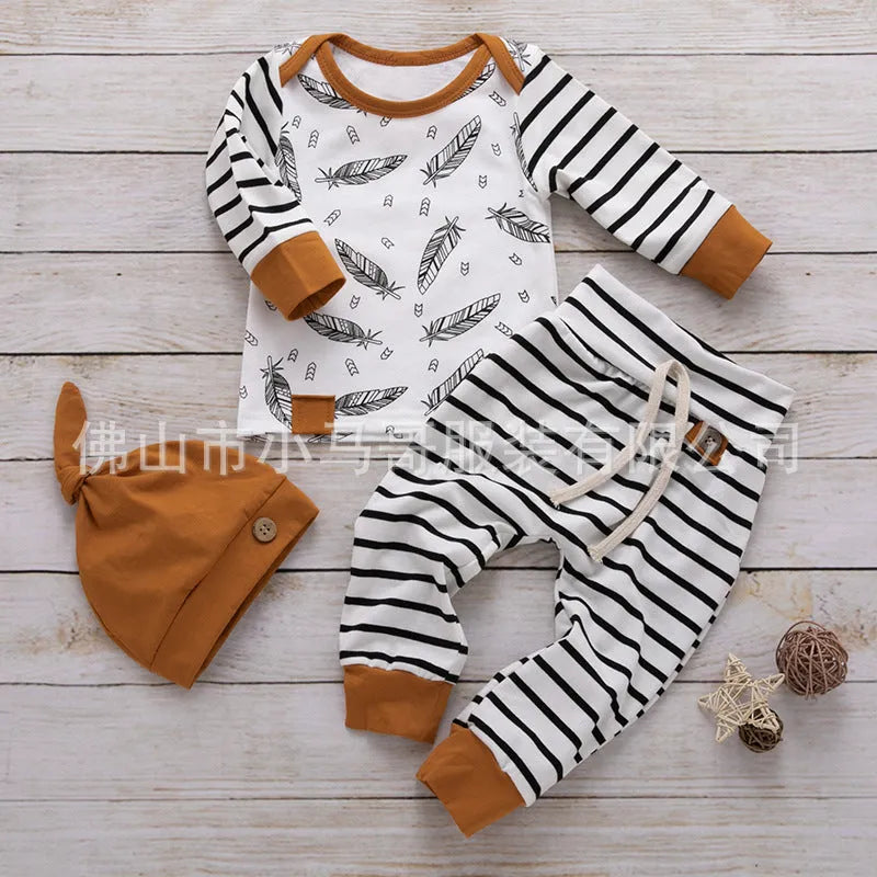 Cotton striped children's 3-piece set in Mibaise with hat, top, and pants for babies 70-100cm height