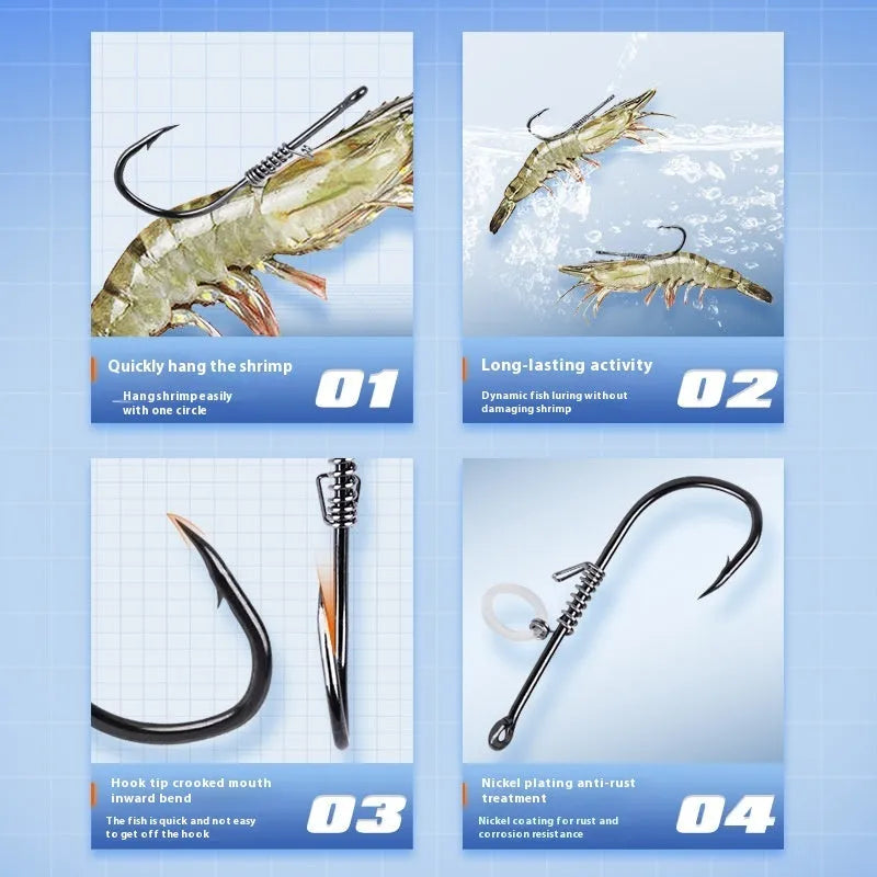 Spring rubber band sea fishing lure with barbed hook and live shrimp, 10-piece pack