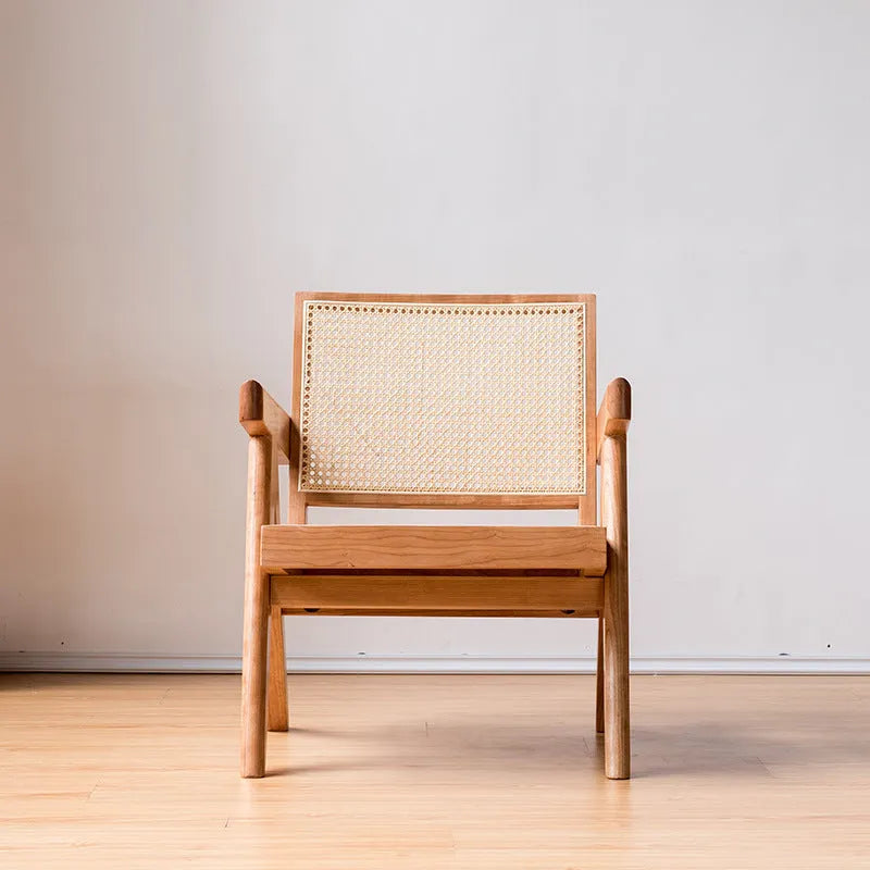 Mid-ancient solid wood rattan leisure chair in cherrywood natural colour, 57x74x70cm, for living room or balcony