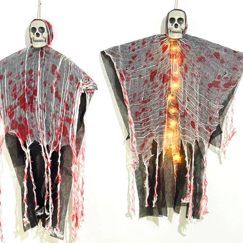 Plastic Halloween decoration of a luminous blood-dyed skull designed as a hanging ghost ornament.