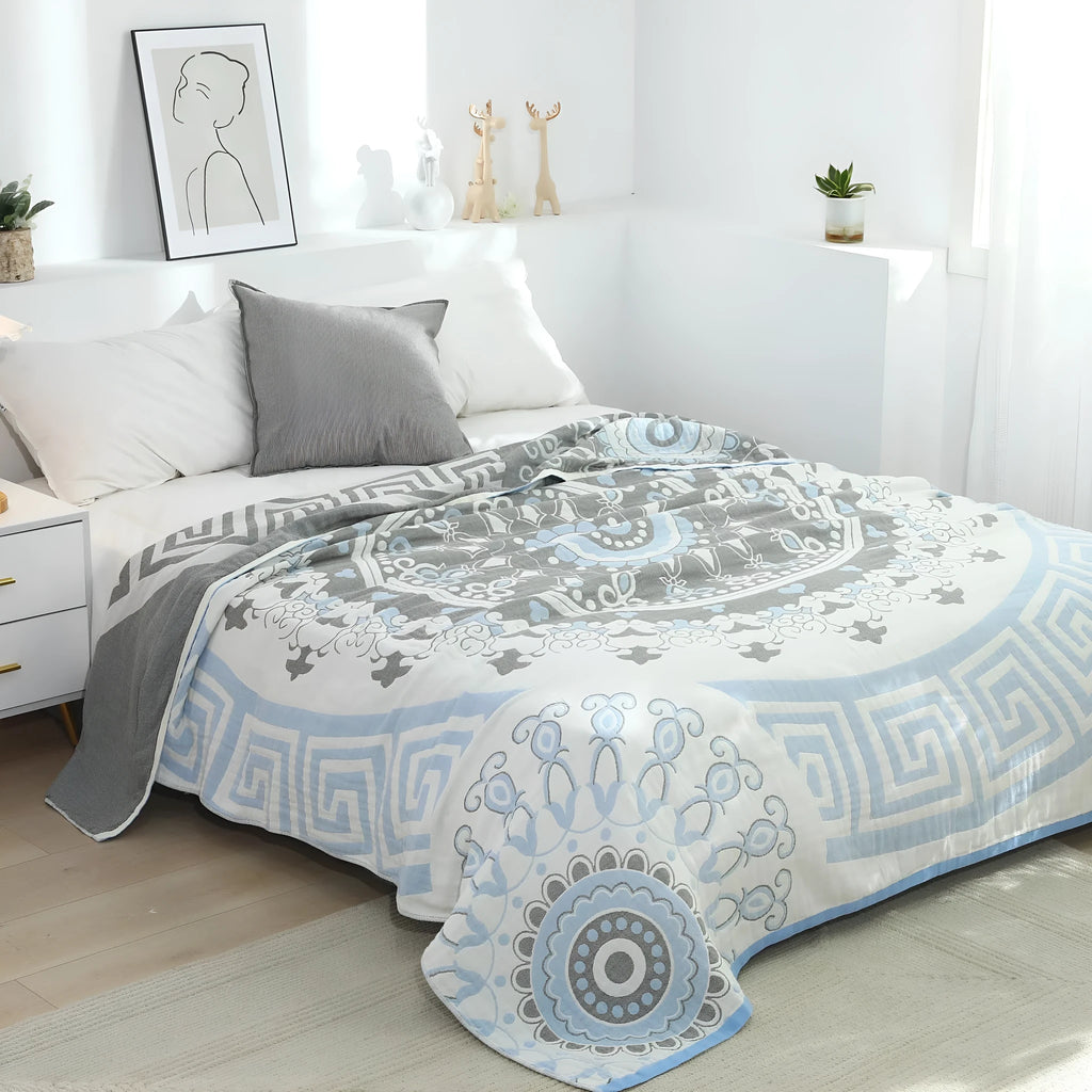 Pure cotton five-layer towel blanket with plants and flowers pattern in bohemian style, available in blue and orange sizes 150x200cm and 200x230cm