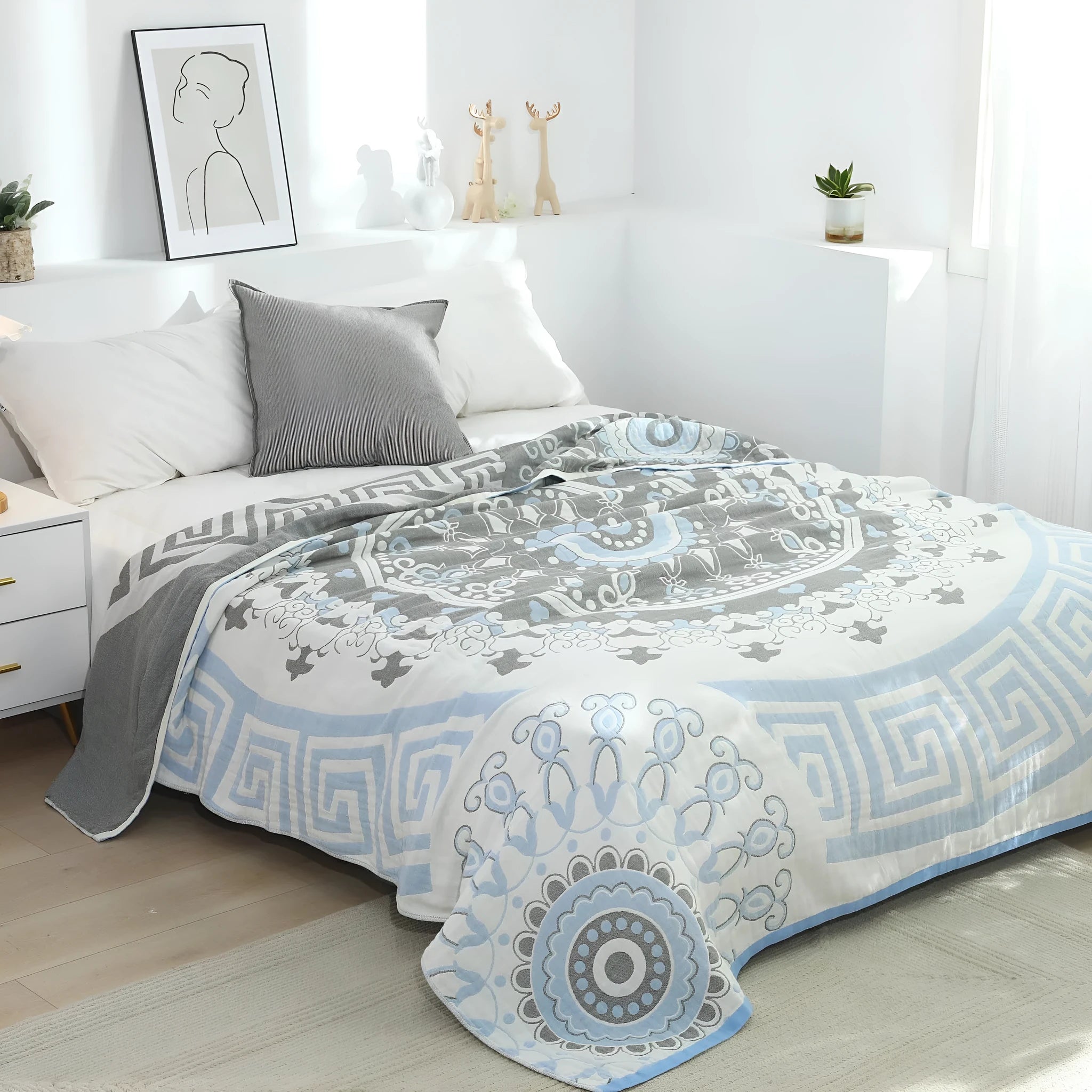 Pure cotton five-layer towel blanket with plants and flowers pattern in bohemian style, available in blue and orange sizes 150x200cm and 200x230cm