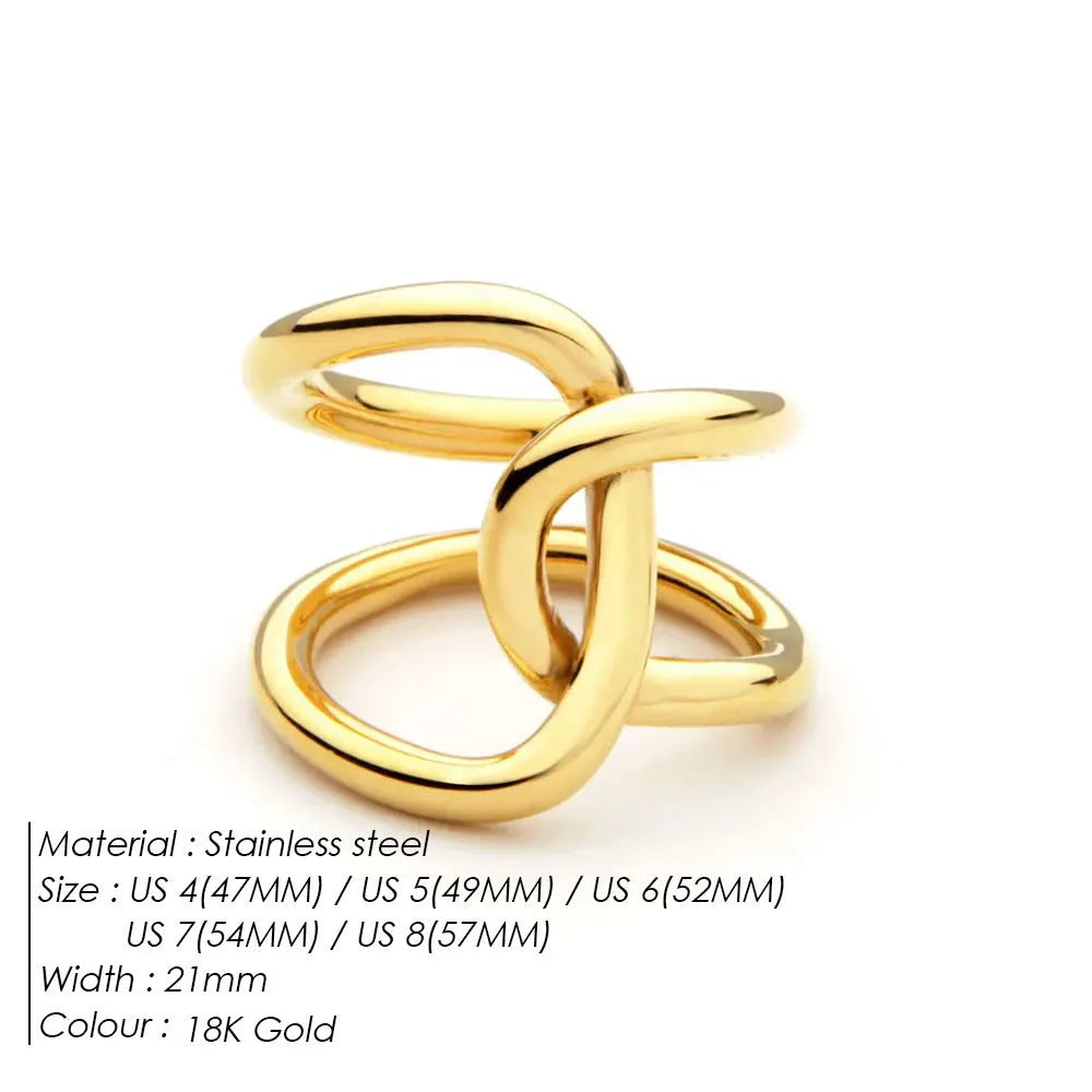 Adjustable knotted stainless steel ring for women in 18K gold or steel colour, showing U-shaped geometric design.