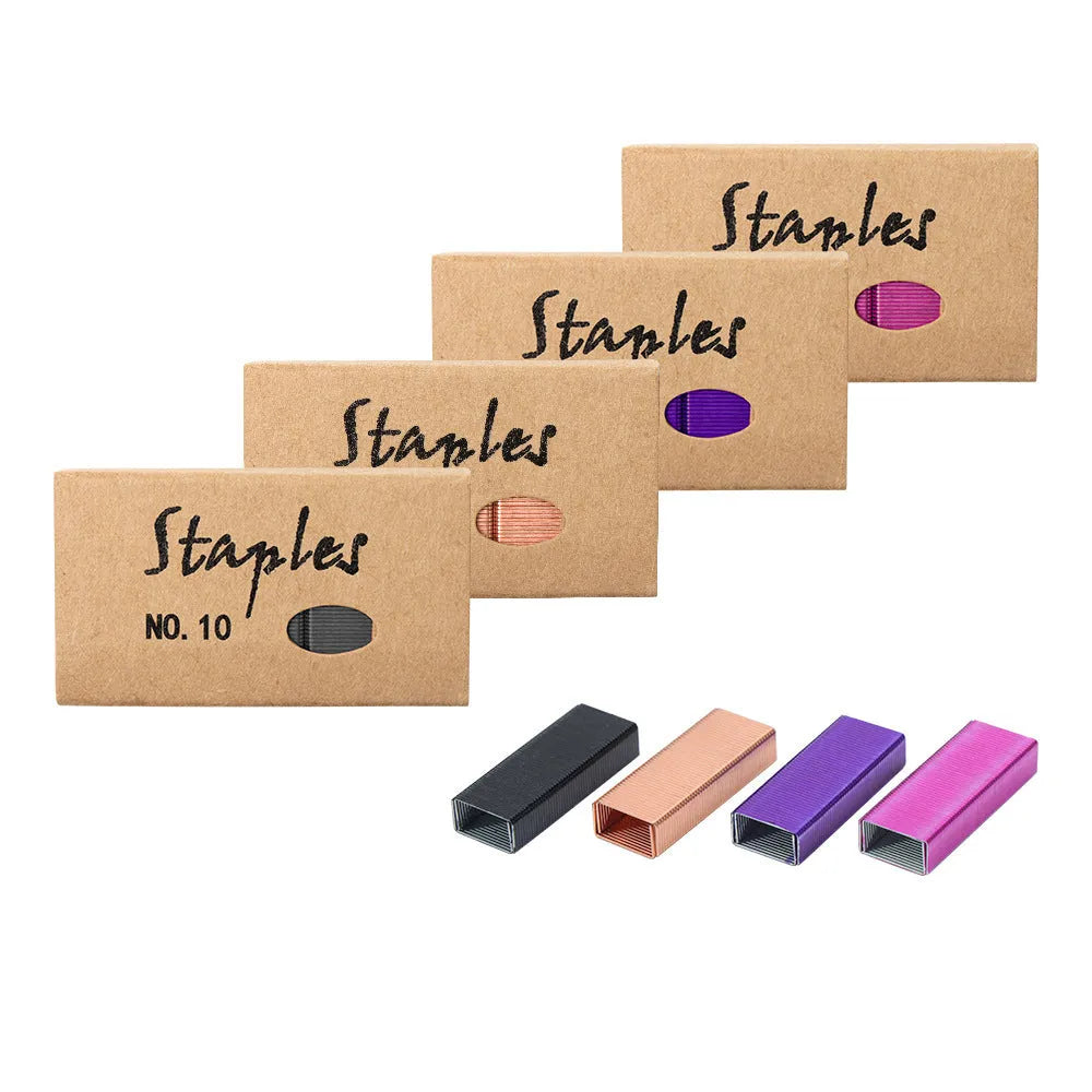 Box of 1000 metal office staples in four colour options: black, purple, rose gold and rose red