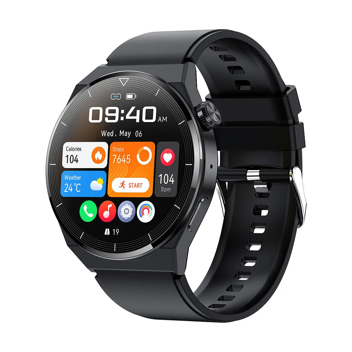 Black and silver Android smart watch with round 1.36-inch display, silicone band, Bluetooth and NFC functionality